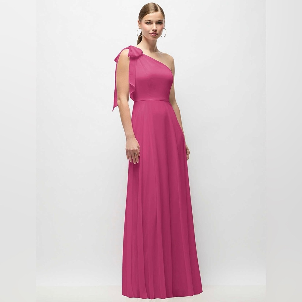 Dessy Collection 1561 DRAPED ONE-SHOULDER MAXI DRESS WITH SCARF BOW IN TEA ROSE